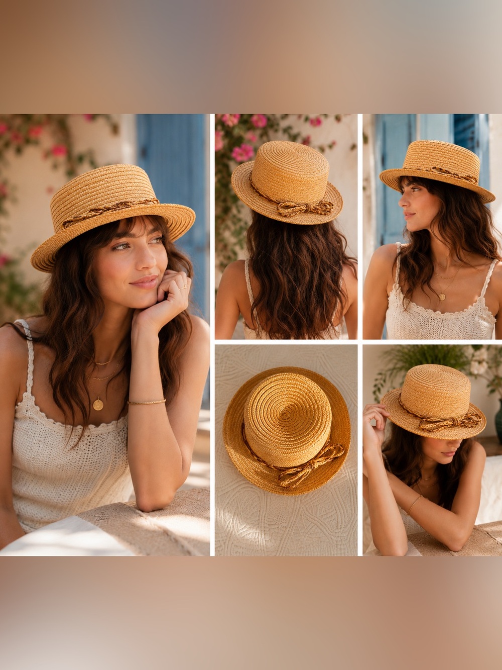 Straw Boater Hat with Braided Band